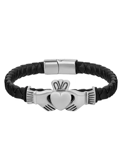 Rhodium Claddagh Brown Leather Bracelet